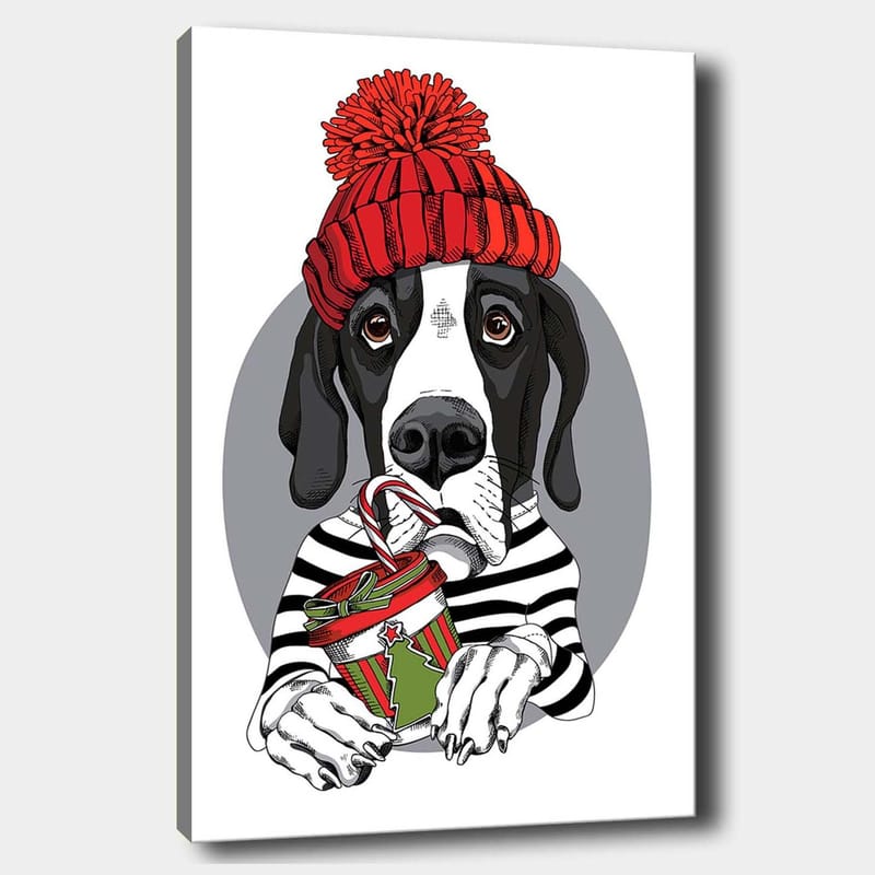 Canvas taulu 70x100 cm - Söpö koira punaisessa hatussa pitelee joululahjaa ja suklaapatukkaa, Punainen / Musta / Vihreä
