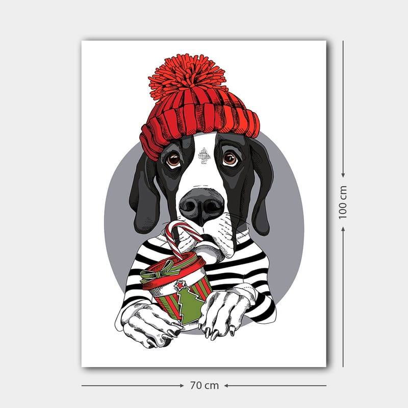 Canvas taulu 70x100 cm - Söpö koira punaisessa hatussa pitelee joululahjaa ja suklaapatukkaa - Punainen / Musta / Vihreä - Sisustustuotteet - Taulu & taide - Canvas-taulu