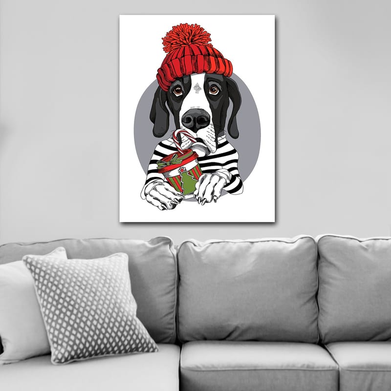 Canvas taulu 70x100 cm - Söpö koira punaisessa hatussa pitelee joululahjaa ja suklaapatukkaa - Punainen / Musta / Vihreä - Sisustustuotteet - Taulu & taide - Canvas-taulu