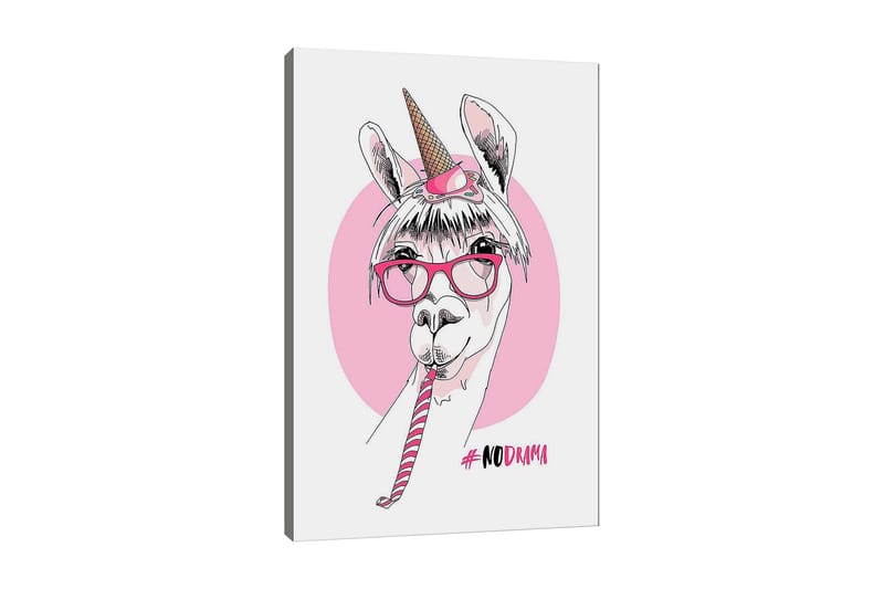 Canvas taulu 70x100 cm - Söpö laama yksisarvisen sarvella ja laseilla pitelemässä karkkitankoa, Vaaleanpunainen / Valkoinen / Musta