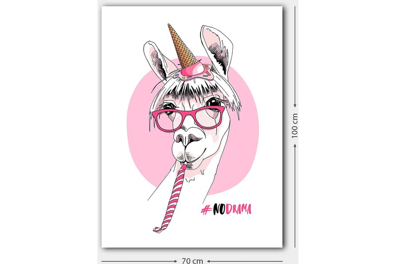 Canvas taulu 70x100 cm - Söpö laama yksisarvisen sarvella ja laseilla pitelemässä karkkitankoa - Vaaleanpunainen / Valkoinen / Musta - Sisustustuotteet - Taulu & taide - Canvas-taulu