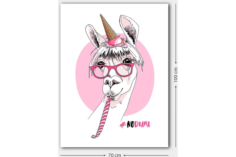 Canvas taulu 70x100 cm - Söpö laama yksisarvisen sarvella ja laseilla pitelemässä karkkitankoa - Vaaleanpunainen / Valkoinen / Musta - Sisustustuotteet - Taulu & taide - Canvas-taulu