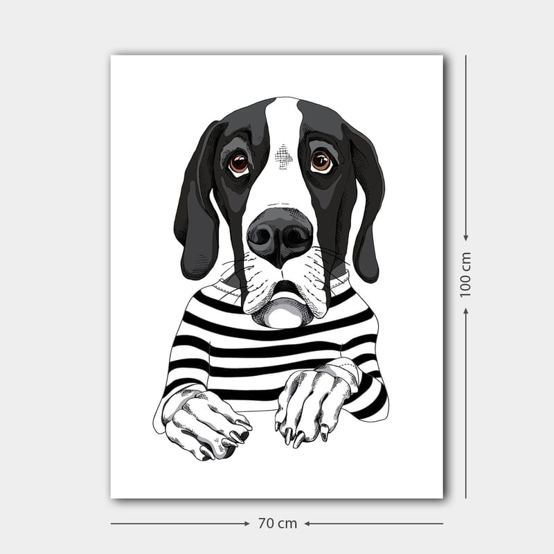 Canvas taulu 70x100 cm - Söpö utelias koira raidallisessa neuleessa - Musta / Valkoinen / Ruskea - Sisustustuotteet - Taulu & taide - Canvas-taulu