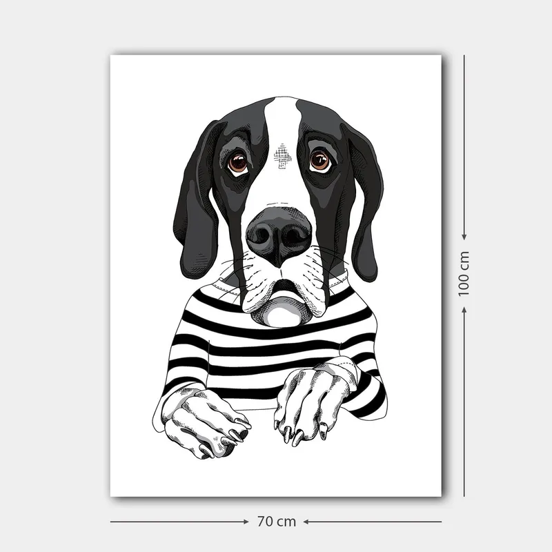 Canvas taulu 70x100 cm - Söpö utelias koira raidallisessa neuleessa - Musta / Valkoinen / Ruskea - Sisustustuotteet - Taulu & taide - Canvas-taulu