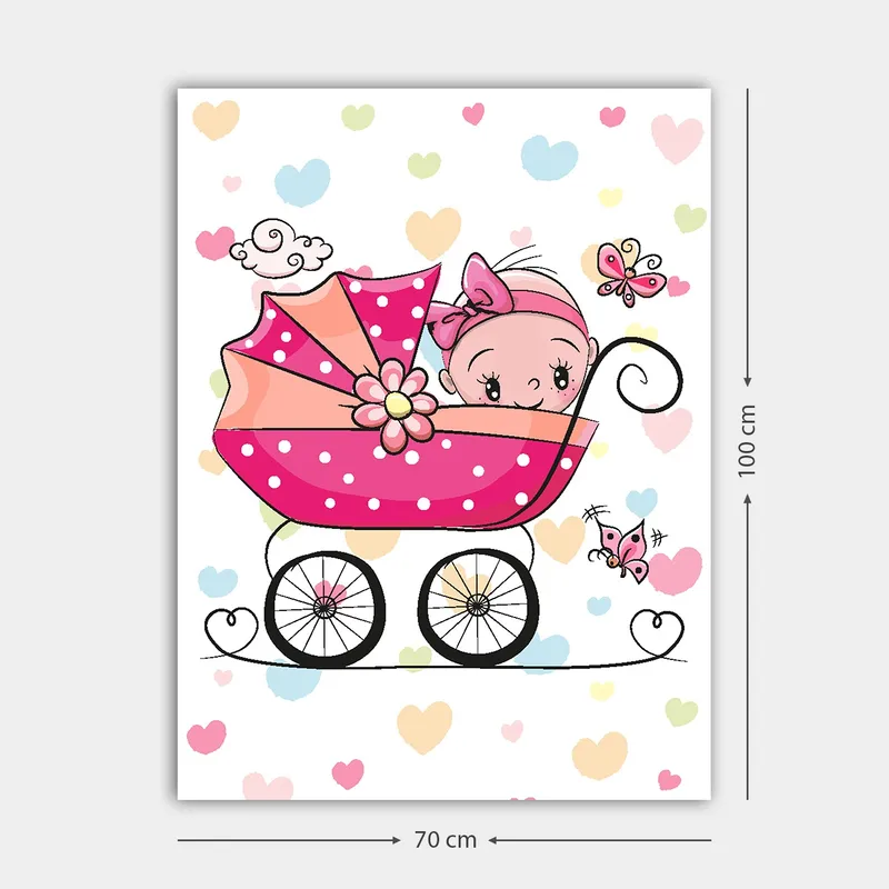 Canvas taulu 70x100 cm - Söpö vauva rattaissa värikkäiden sydämien ja perhosten ympäröimänä - Vaaleanpunainen / Musta / Vaaleansininen - Sisustustuotteet - Taulu & taide - Canvas-taulu