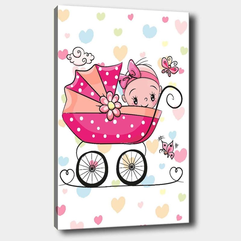 Canvas taulu 70x100 cm - Söpö vauva rattaissa värikkäiden sydämien ja perhosten ympäröimänä, Vaaleanpunainen / Musta / Vaaleansininen