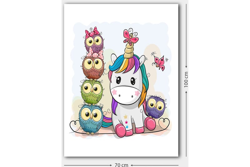 Canvas taulu 70x100 cm - Söpö yksisarvinen, jota ympäröivät värikkäät, suurisilmäiset pöllöt - Harmaa / Vihreä / Violetti - Sisustustuotteet - Taulu & taide - Canvas-taulu