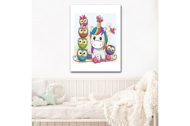 Canvas taulu 70x100 cm - Söpö yksisarvinen, jota ympäröivät värikkäät, suurisilmäiset pöllöt - Harmaa / Vihreä / Violetti - Sisustustuotteet - Taulu & taide - Canvas-taulu