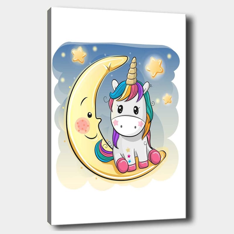 Canvas taulu 70x100 cm - Söpö yksisarvinen istumassa kuulla tähtien taustalla, Keltainen / Vaaleanpunainen / Sininen