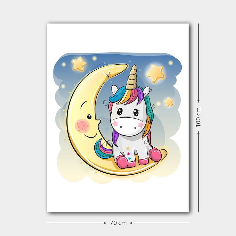 Canvas taulu 70x100 cm - Söpö yksisarvinen istumassa kuulla tähtien taustalla - Keltainen / Vaaleanpunainen / Sininen - Sisustustuotteet - Taulu & taide - Canvas-taulu