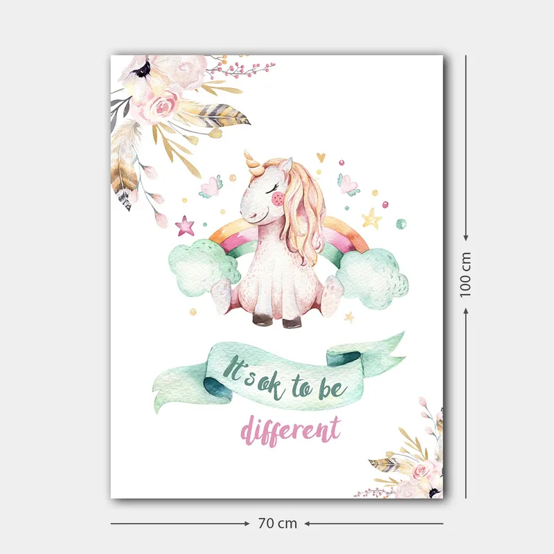 Canvas taulu 70x100 cm - Söpö yksisarvinen istuu pilvien päällä sateenkaaren taustalla - Vaaleanpunainen / Mintunvihreä / Vaaleankeltainen - Sisustustuotteet - Taulu & taide - Canvas-taulu