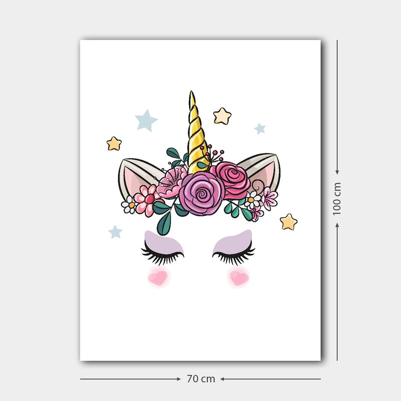Canvas taulu 70x100 cm - Söpö yksisarvinen kukkien ja tähtien koristeena - Violetti / Vaaleanpunainen / Kulta - Sisustustuotteet - Taulu & taide - Canvas-taulu