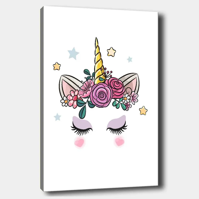 Canvas taulu 70x100 cm - Söpö yksisarvinen kukkien ja tähtien koristeena, Violetti / Vaaleanpunainen / Kulta