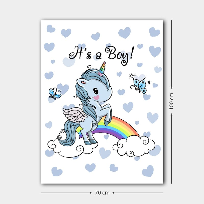 Canvas taulu 70x100 cm - Söpö yksisarvinen seisoo sateenkaarella pilvien ja perhosten ympäröimänä - Vaaleansininen / Sateenkaaren värit / Valkoinen - Sisustustuotteet - Taulu & taide - Canvas-taulu