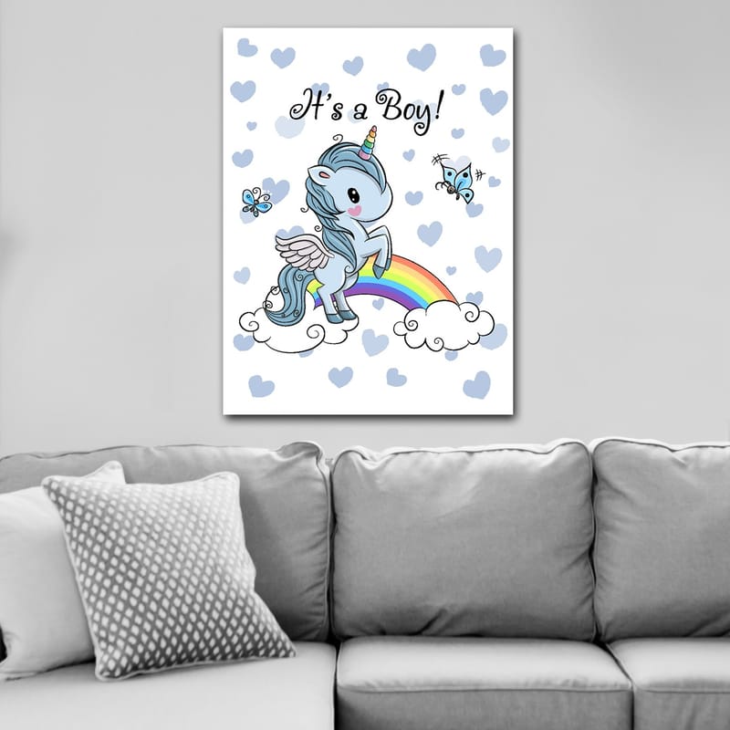 Canvas taulu 70x100 cm - Söpö yksisarvinen seisoo sateenkaarella pilvien ja perhosten ympäröimänä - Vaaleansininen / Sateenkaaren värit / Valkoinen - Sisustustuotteet - Taulu & taide - Canvas-taulu