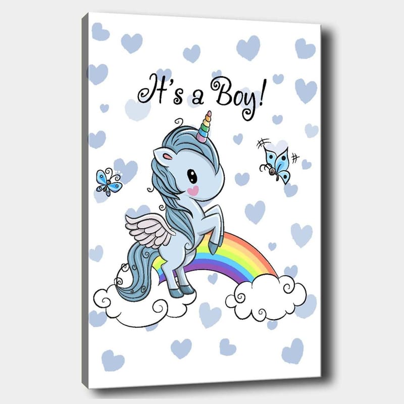 Canvas taulu 70x100 cm - Söpö yksisarvinen seisoo sateenkaarella pilvien ja perhosten ympäröimänä, Vaaleansininen / Sateenkaaren värit / Valkoinen