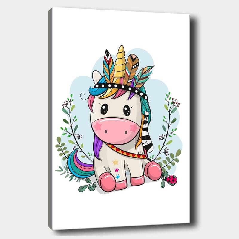 Canvas taulu 70x100 cm - Söpö yksisarvinen värikkäällä harjalla ja höyhenillä koristeena - Vaaleanpunainen / Violetti / Vihreä - Sisustustuotteet - Taulu & taide - Canvas-taulu
