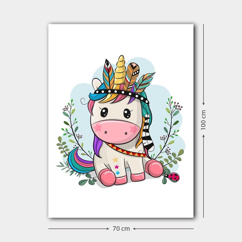 Canvas taulu 70x100 cm - Söpö yksisarvinen värikkäällä harjalla ja höyhenillä koristeena - Vaaleanpunainen / Violetti / Vihreä - Sisustustuotteet - Taulu & taide - Canvas-taulu