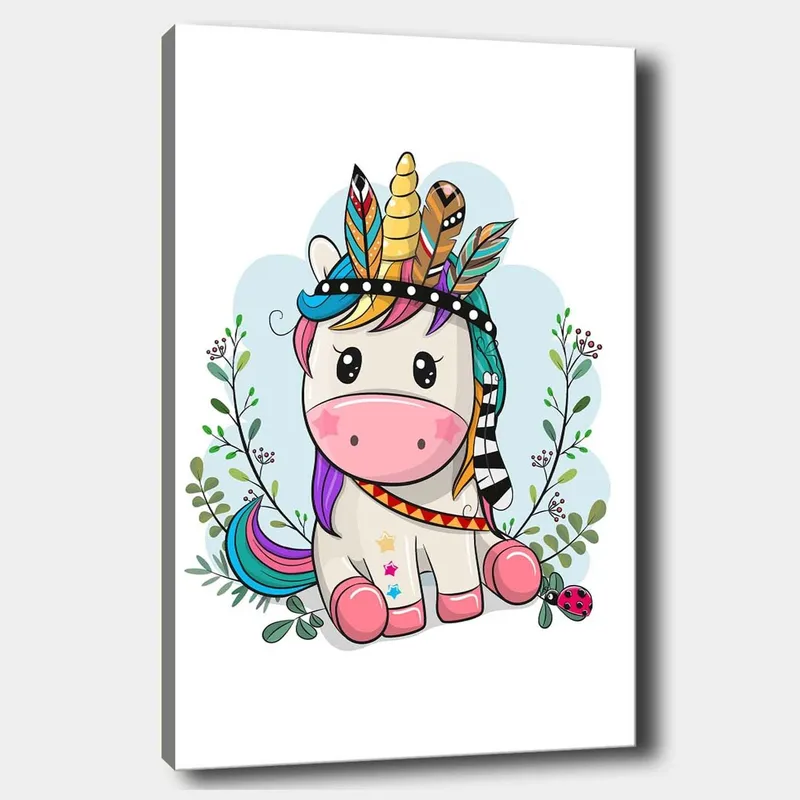 Canvas taulu 70x100 cm - Söpö yksisarvinen värikkäällä harjalla ja höyhenillä koristeena - Vaaleanpunainen / Violetti / Vihreä - Sisustustuotteet - Taulu & taide - Canvas-taulu