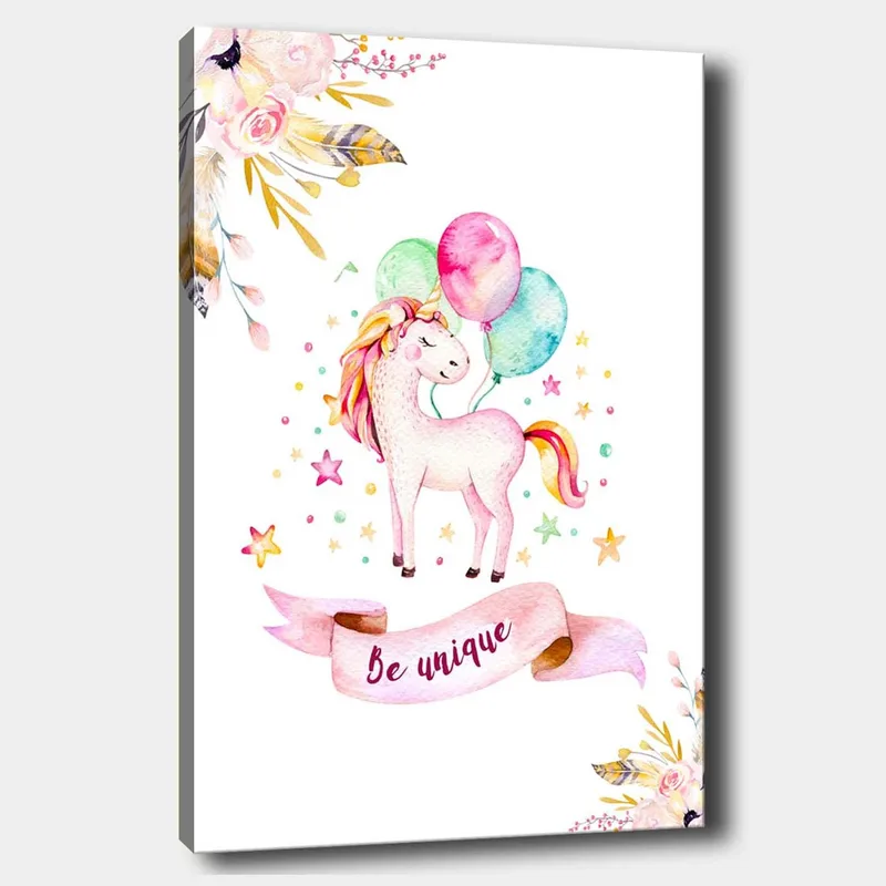 Canvas taulu 70x100 cm - Söpö yksisarvinen pitelee värikkäitä ilmapalloja tähtien ja kukkien ympäröimänä, Vaaleanpunainen / Mintunvihreä / Keltainen