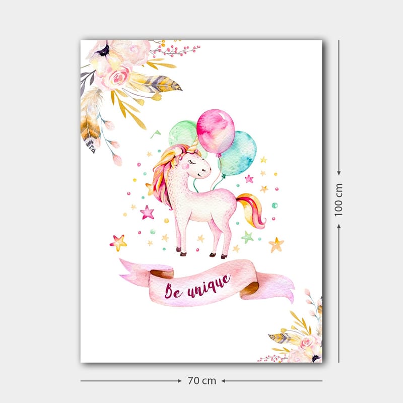 Canvas taulu 70x100 cm - Söpö yksisarvinen pitelee värikkäitä ilmapalloja tähtien ja kukkien ympäröimänä - Vaaleanpunainen / Mintunvihreä / Keltainen - Sisustustuotteet - Taulu & taide - Canvas-taulu