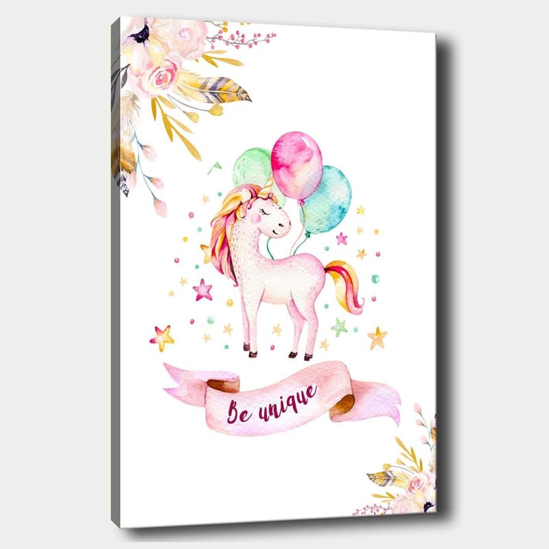 Canvas taulu 70x100 cm - Söpö yksisarvinen pitelee värikkäitä ilmapalloja tähtien ja kukkien ympäröimänä, Vaaleanpunainen / Mintunvihreä / Keltainen