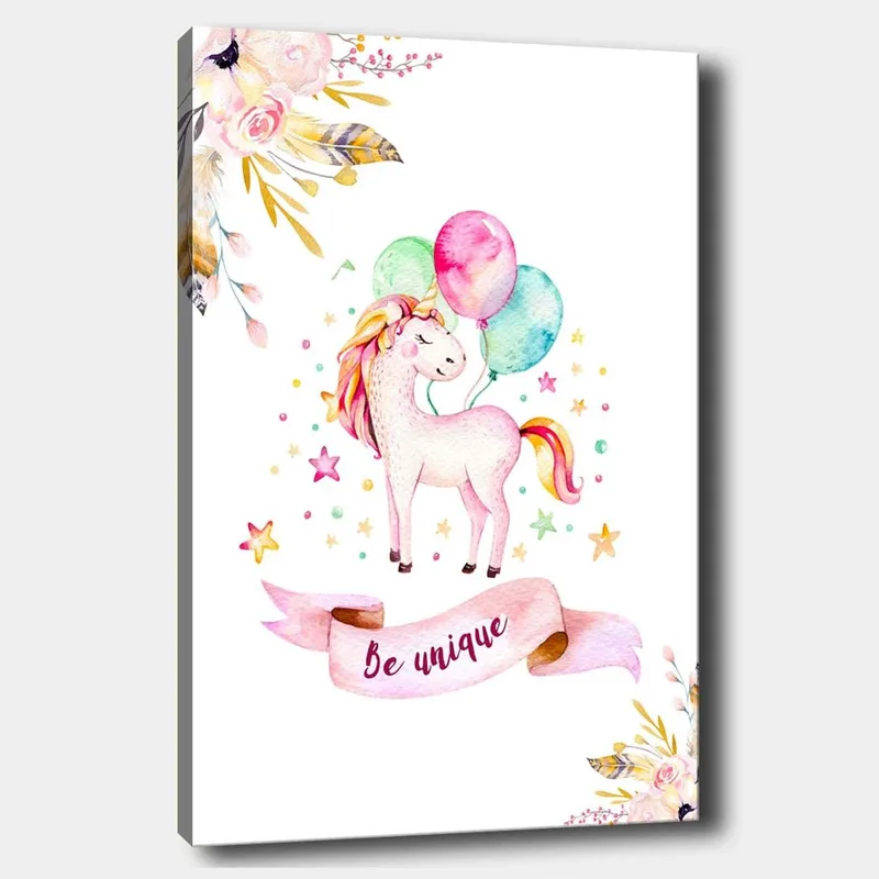 Canvas taulu 70x100 cm - Söpö yksisarvinen pitelee värikkäitä ilmapalloja tähtien ja kukkien ympäröimänä, Vaaleanpunainen / Mintunvihreä / Keltainen