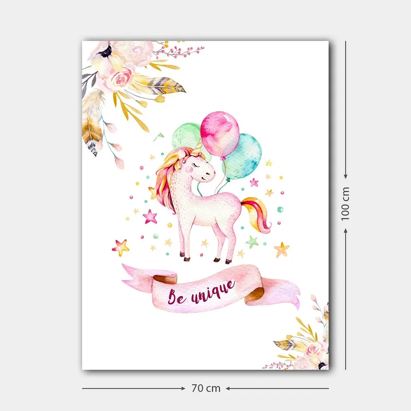 Canvas taulu 70x100 cm - Söpö yksisarvinen pitelee värikkäitä ilmapalloja tähtien ja kukkien ympäröimänä - Vaaleanpunainen / Mintunvihreä / Keltainen - Sisustustuotteet - Taulu & taide - Canvas-taulu