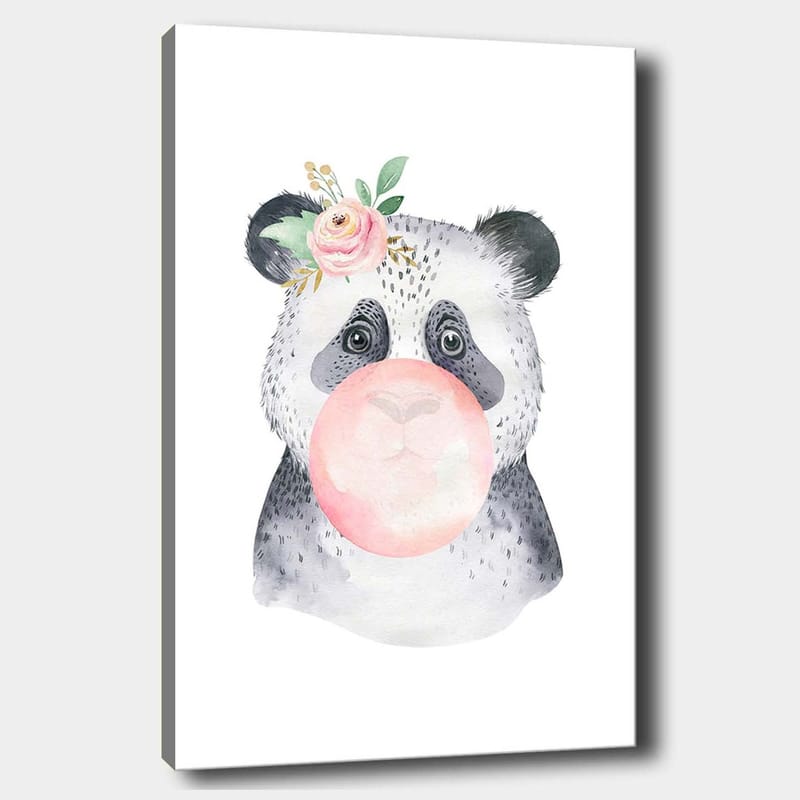 Canvas taulu 70x100 cm - Söpö panda puhaltaa purukumia kukka korvassaan, Harmaa / Vaaleanpunainen / Vihreä