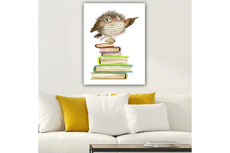 Canvas taulu 70x100 cm - Söpö pöllö lasit suutelemassa istumassa värikkäiden kirjojen pinolla - Ruskea / Vihreä / Sininen - Sisustustuotteet - Taulu & taide - Canvas-taulu