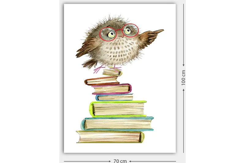 Canvas taulu 70x100 cm - Söpö pöllö lasit suutelemassa istumassa värikkäiden kirjojen pinolla - Ruskea / Vihreä / Sininen - Sisustustuotteet - Taulu & taide - Canvas-taulu