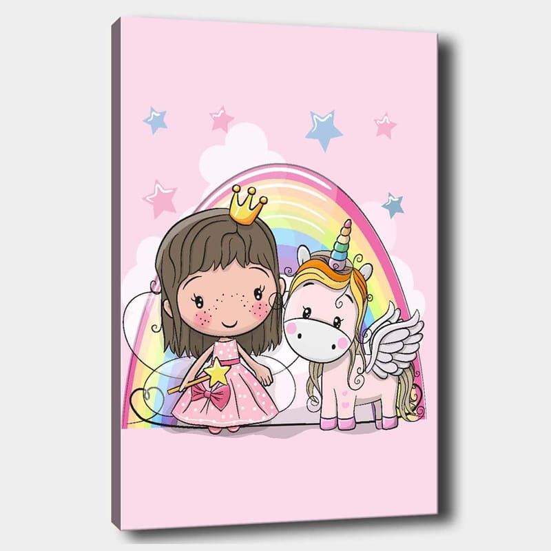 Canvas taulu 70x100 cm - Söpö prinsessa ja yksisarvinen sateenkaaren alla, Vaaleanpunainen / Valkoinen / Kulta