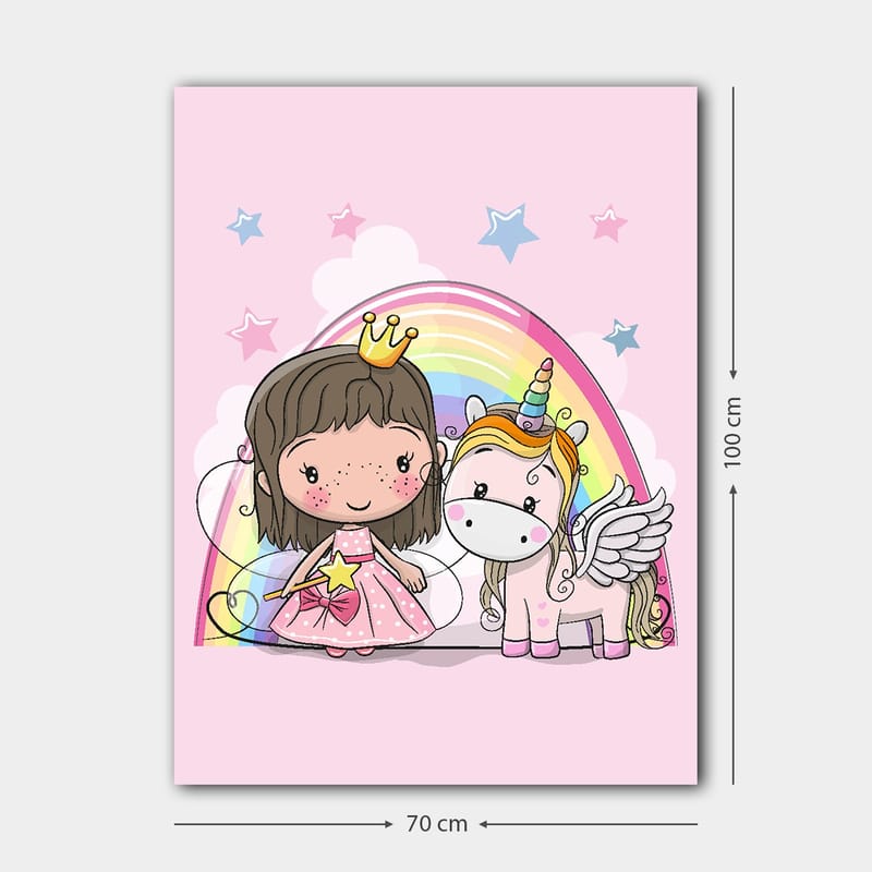 Canvas taulu 70x100 cm - Söpö prinsessa ja yksisarvinen sateenkaaren alla - Vaaleanpunainen / Valkoinen / Kulta - Sisustustuotteet - Taulu & taide - Canvas-taulu