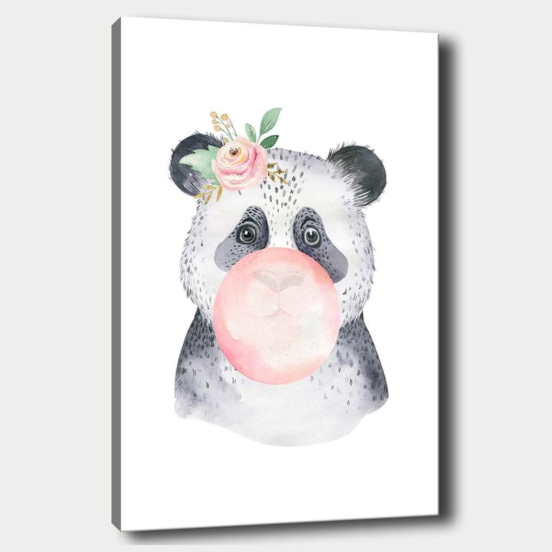 Canvas taulu 70x100 cm - Söpö panda puhaltaa purukumia kukka korvassaan, Harmaa / Vaaleanpunainen / Vihreä