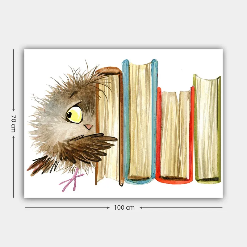 Canvas taulu 70x100 cm - Söpö pöllö kurkistaa kirjojen takaa - Ruskea / Keltainen / Punainen - Sisustustuotteet - Taulu & taide - Canvas-taulu