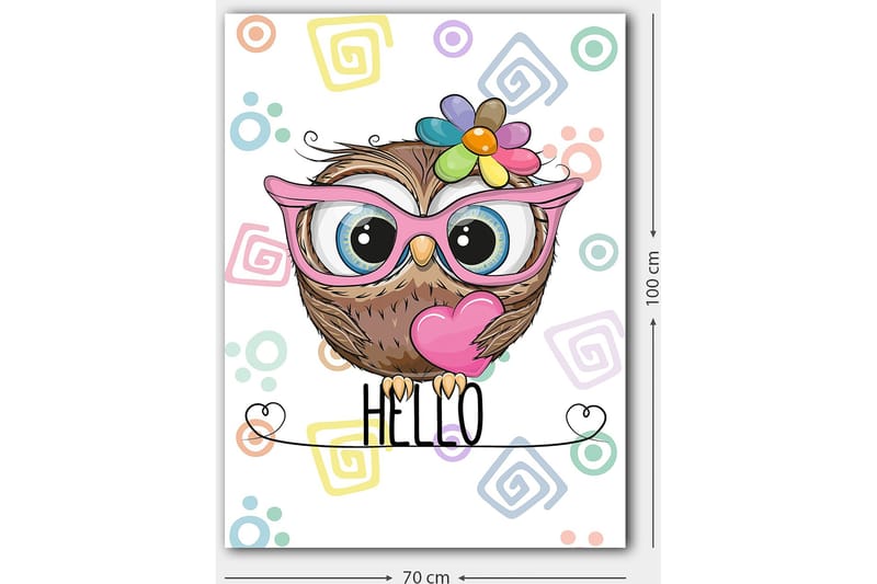 Canvas taulu 70x100 cm - Söpö pöllö suurilla silmillä ja värikkäällä kukalla päässään - Ruskea / Vaaleanpunainen / Sininen - Sisustustuotteet - Taulu & taide - Canvas-taulu