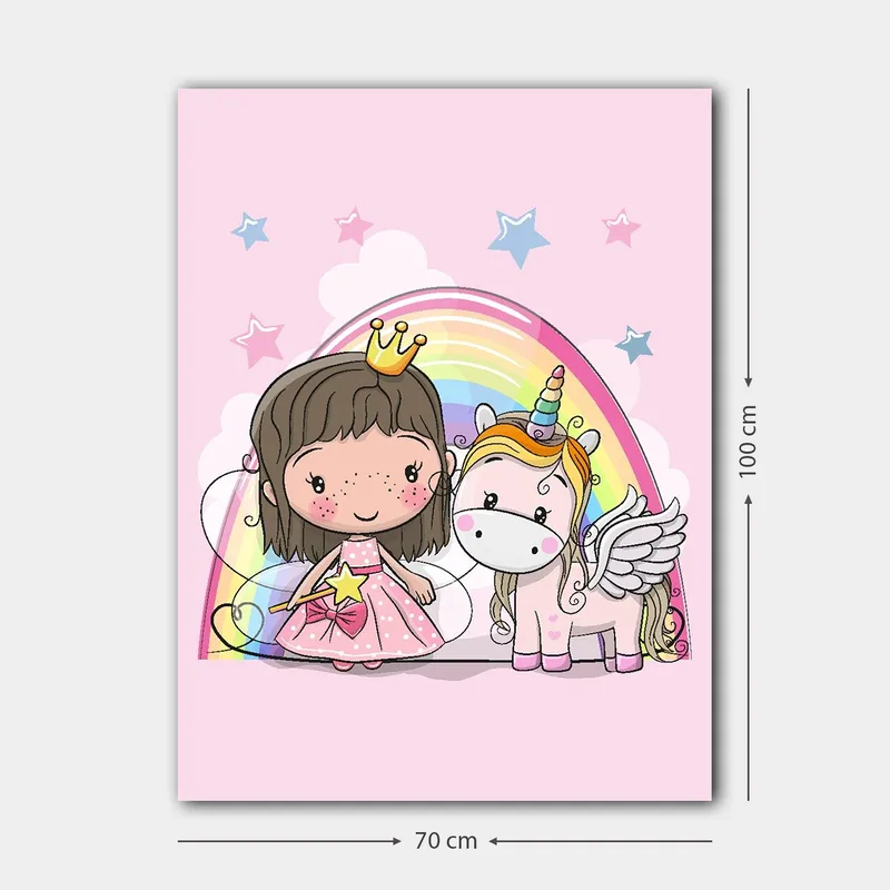 Canvas taulu 70x100 cm - Söpö prinsessa ja yksisarvinen sateenkaaren alla - Vaaleanpunainen / Valkoinen / Kulta - Sisustustuotteet - Taulu & taide - Canvas-taulu