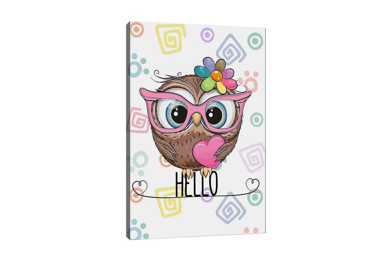 Canvas taulu 70x100 cm - Söpö pöllö suurilla silmillä ja värikkäällä kukalla päässään, Ruskea / Vaaleanpunainen / Sininen