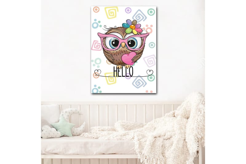 Canvas taulu 70x100 cm - Söpö pöllö suurilla silmillä ja värikkäällä kukalla päässään - Ruskea / Vaaleanpunainen / Sininen - Sisustustuotteet - Taulu & taide - Canvas-taulu