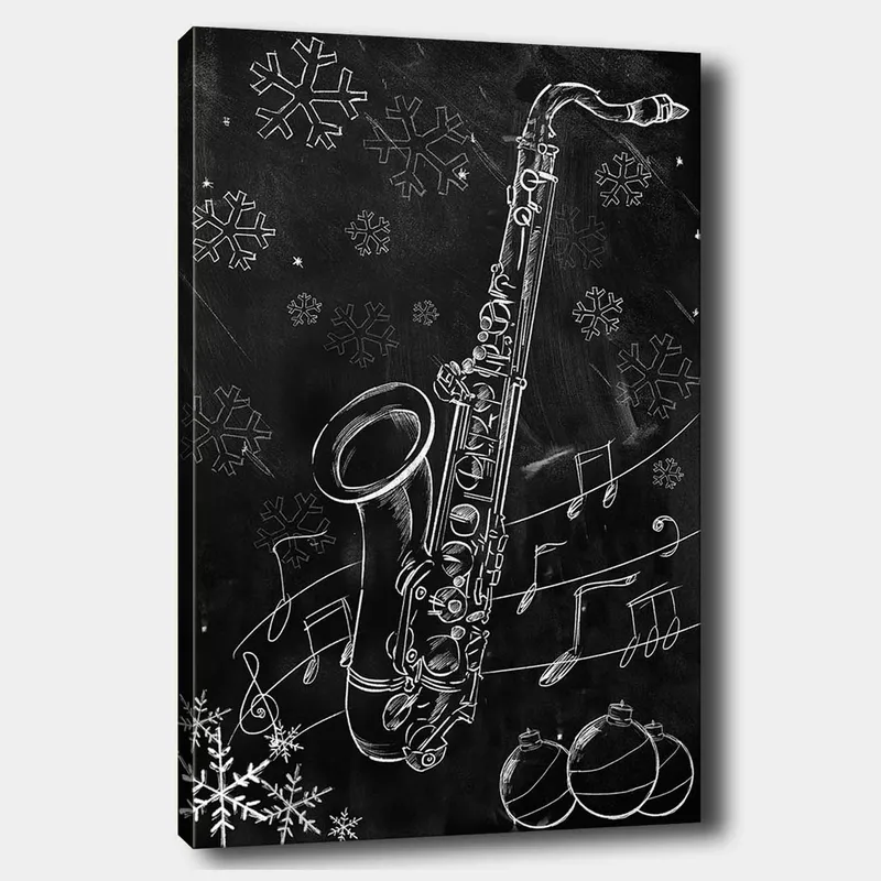 Canvas taulu 70x100 cm - Saksofoni lumihiutaleiden ja nuottien ympäröimänä talvisessa tunnelmassa, Valkoinen / Musta / Harmaa