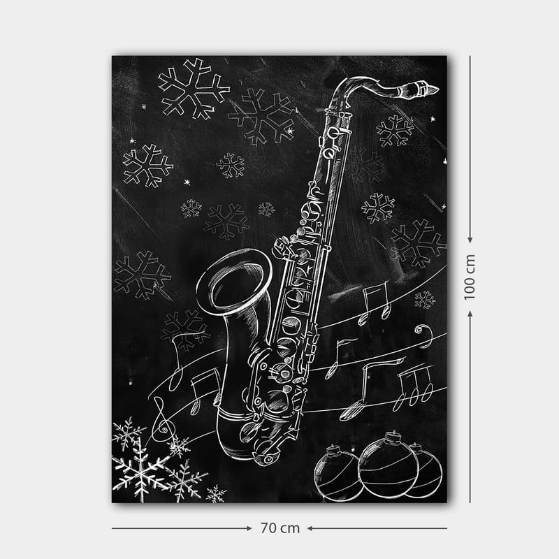 Canvas taulu 70x100 cm - Saksofoni lumihiutaleiden ja nuottien ympäröimänä talvisessa tunnelmassa - Valkoinen / Musta / Harmaa - Sisustustuotteet - Taulu & taide - Canvas-taulu