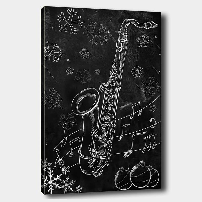 Canvas taulu 70x100 cm - Saksofoni lumihiutaleiden ja nuottien ympäröimänä talvisessa tunnelmassa, Valkoinen / Musta / Harmaa