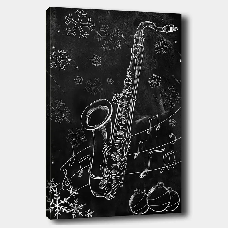 Canvas taulu 70x100 cm - Saksofoni lumihiutaleiden ja nuottien ympäröimänä talvisessa tunnelmassa, Valkoinen / Musta / Harmaa