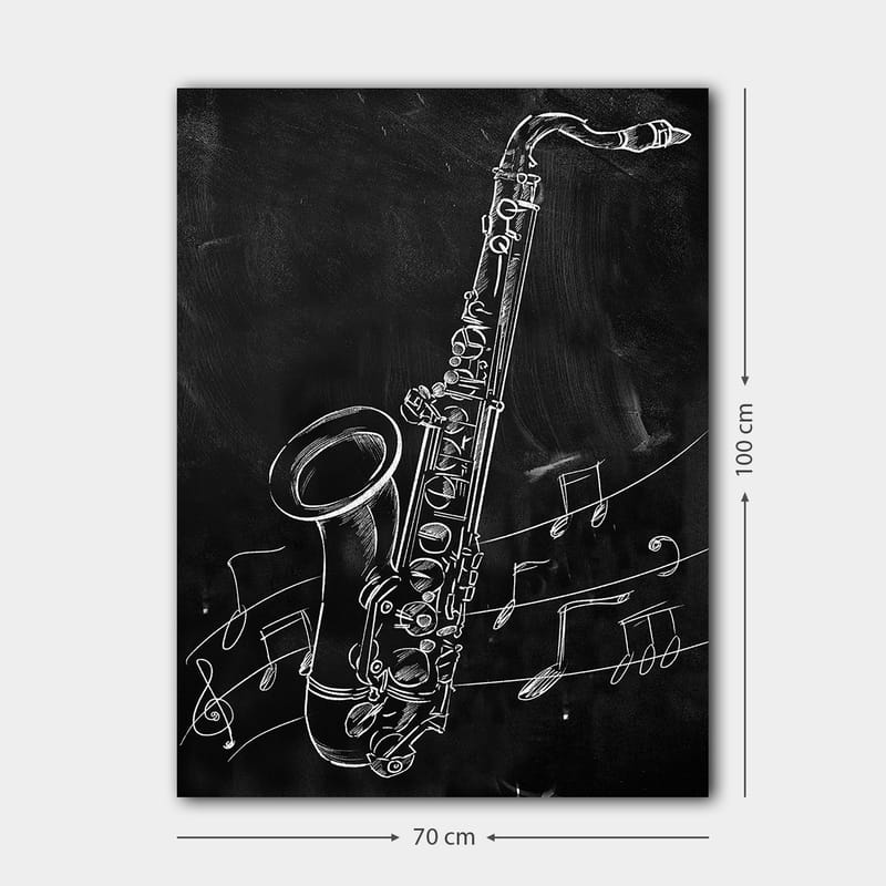 Canvas taulu 70x100 cm - Saksofoni nuottien ympäröimänä mustalla taustalla - Valkoinen / Musta - Sisustustuotteet - Taulu & taide - Canvas-taulu