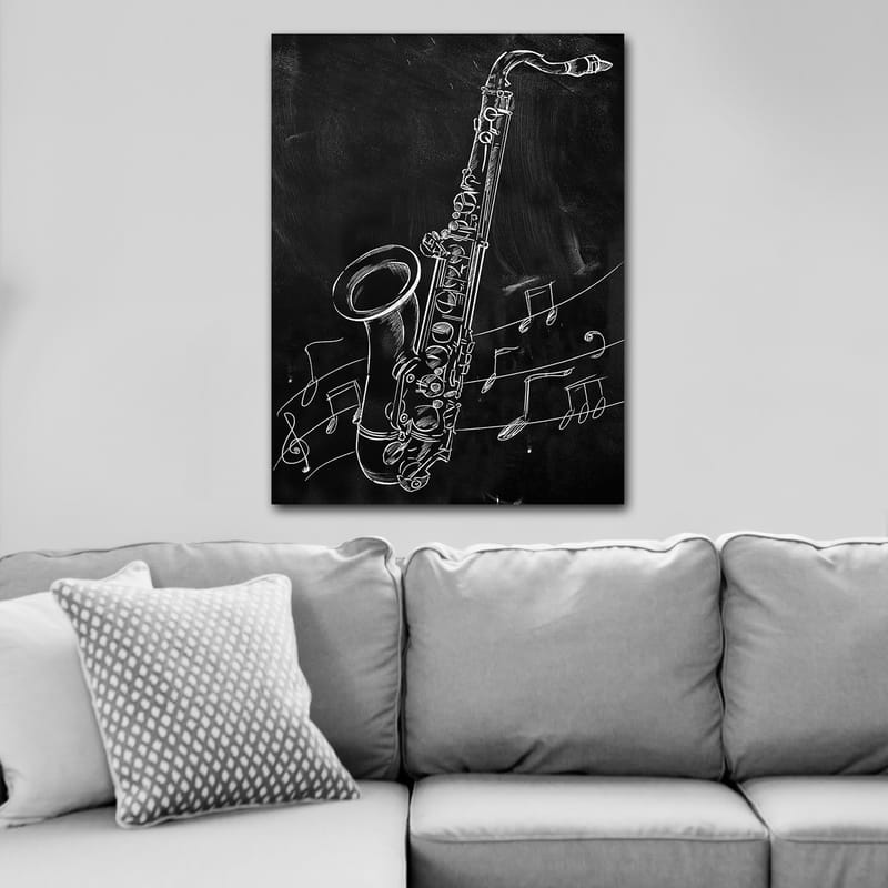 Canvas taulu 70x100 cm - Saksofoni nuottien ympäröimänä mustalla taustalla - Valkoinen / Musta - Sisustustuotteet - Taulu & taide - Canvas-taulu