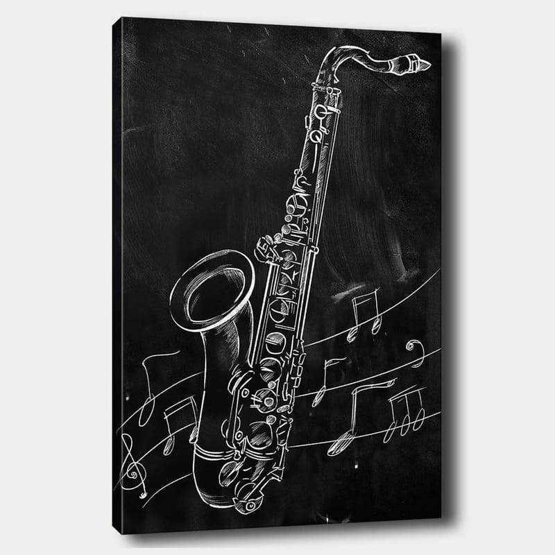 Canvas taulu 70x100 cm - Saksofoni nuottien ympäröimänä mustalla taustalla, Valkoinen / Musta