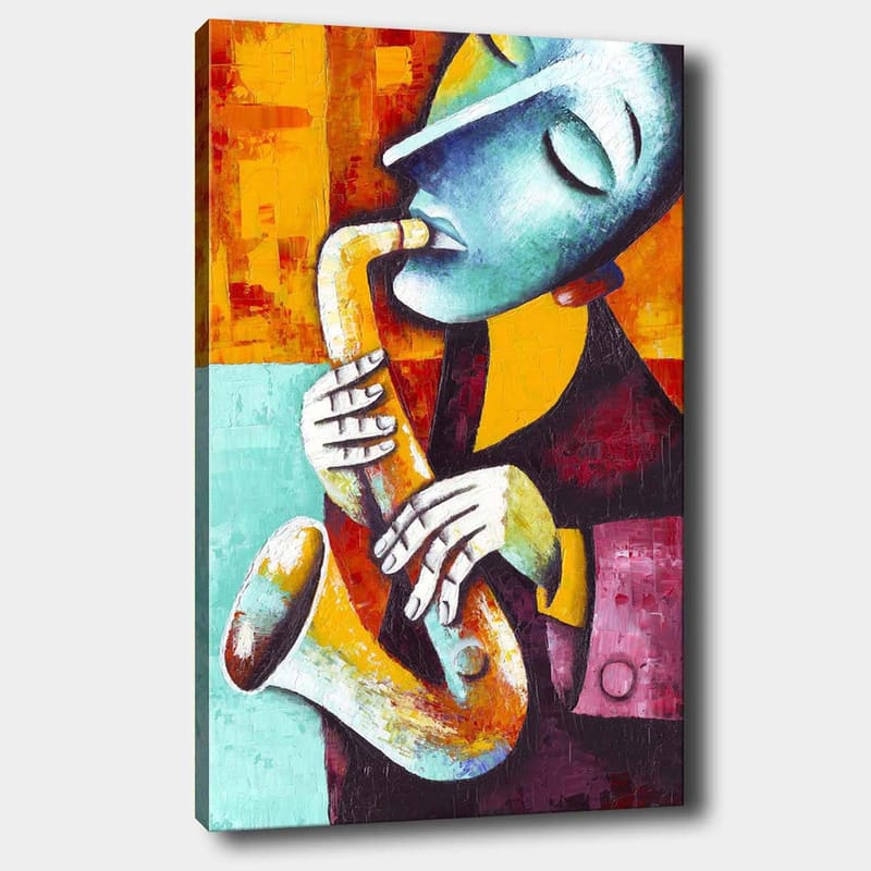 Canvas taulu 70x100 cm - Saksofonia soittava muusikko ilmeikkäällä ilmeellä, Turkoosi / Oranssi / Musta