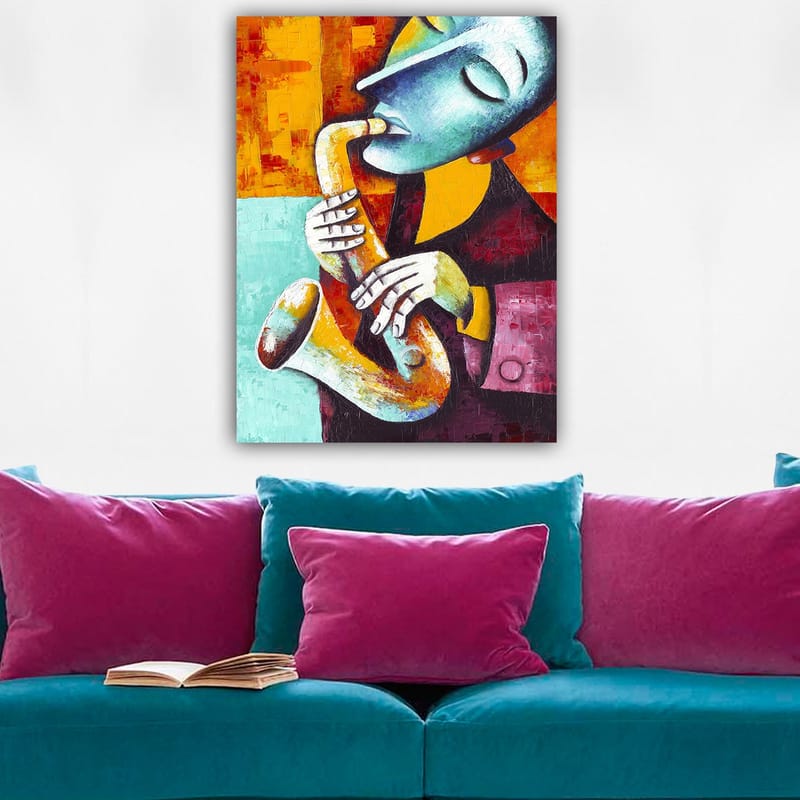 Canvas taulu 70x100 cm - Saksofonia soittava muusikko ilmeikkäällä ilmeellä - Turkoosi / Oranssi / Musta - Sisustustuotteet - Taulu & taide - Canvas-taulu