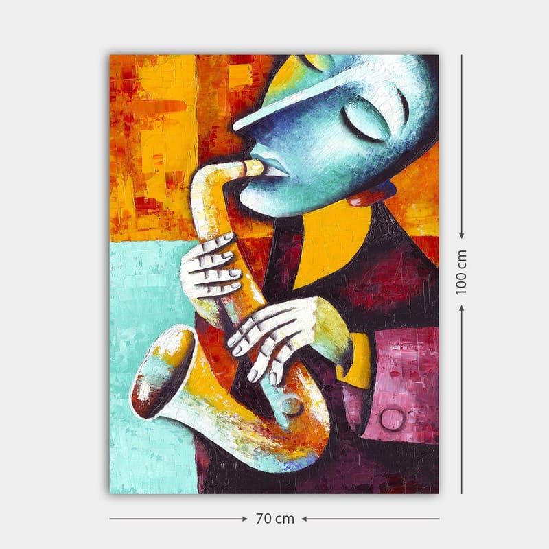 Canvas taulu 70x100 cm - Saksofonia soittava muusikko ilmeikkäällä ilmeellä - Turkoosi / Oranssi / Musta - Sisustustuotteet - Taulu & taide - Canvas-taulu