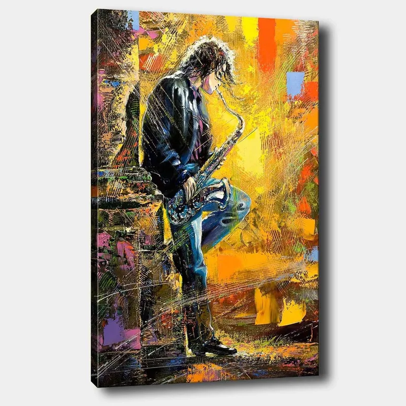 Canvas taulu 70x100 cm - Saksofonisti soittaa intohimoisesti värikkäässä ympäristössä, Keltainen / Sininen / Musta